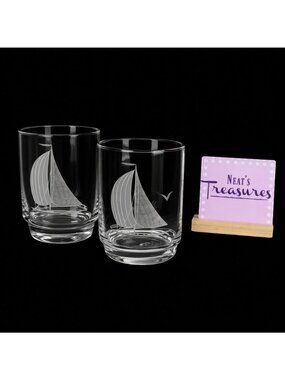 Nautical SAIL BOAT Stackable Etched Boat Ship 18 oz Clear Glass Tumbler Set of 2